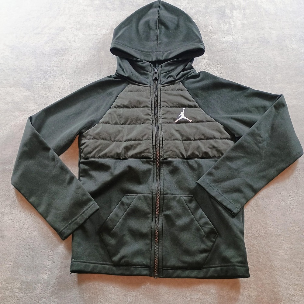 Jordan Hoodie Boys 8-10 Black Full Zip Quilted Fleece Jacket Kangaroo Pockets